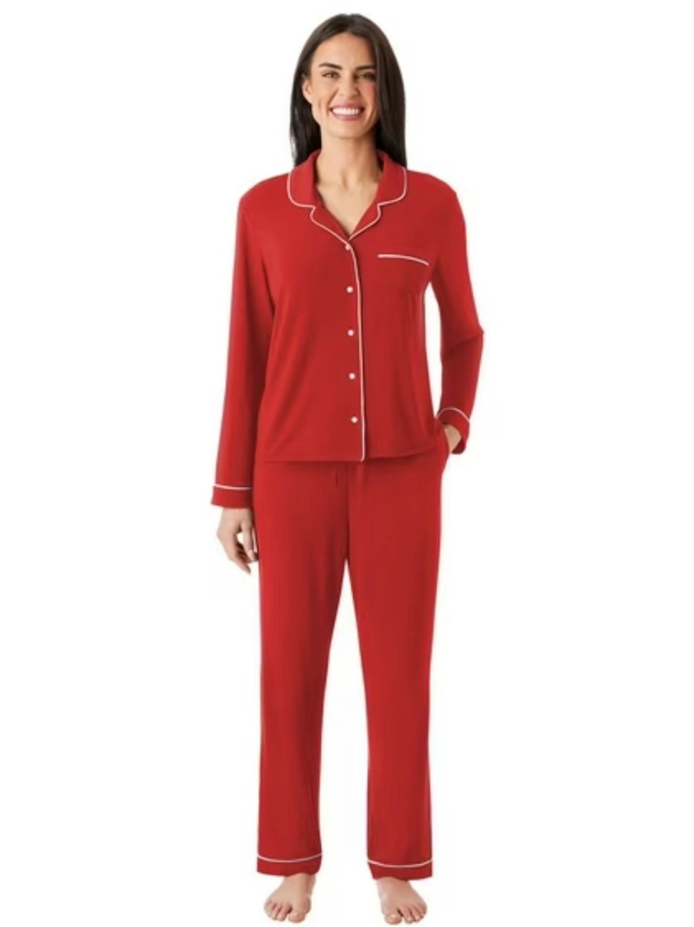 Women's Red Piped Pajama Set - Classic Button-Down Sleepwear members mark medium